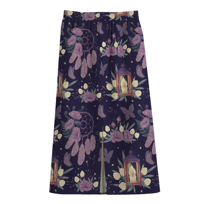 Purple Indian Dream Catcher Print Cotton Front Slit Maxi Skirt