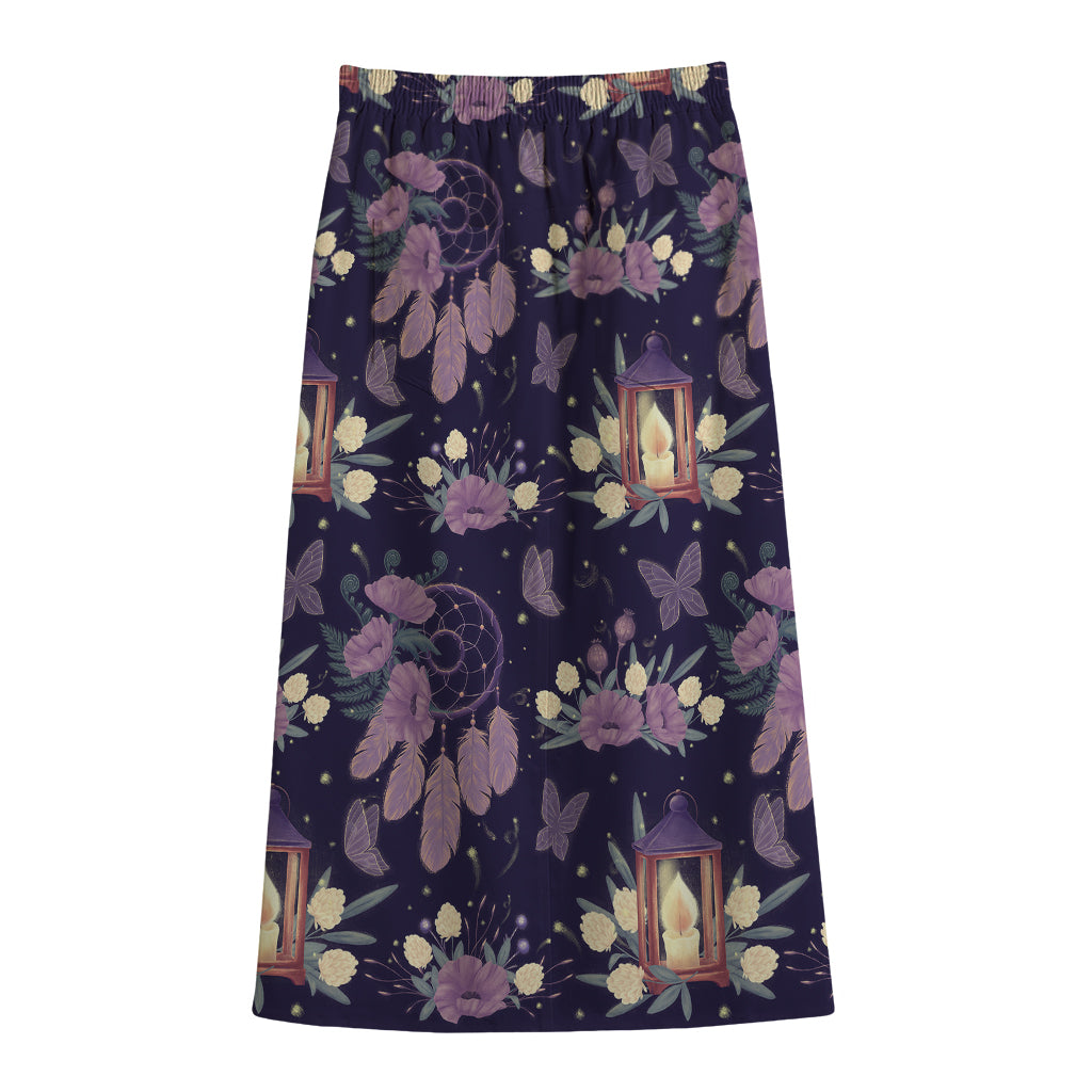 Purple Indian Dream Catcher Print Cotton Front Slit Maxi Skirt