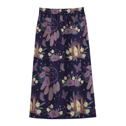 Purple Indian Dream Catcher Print Cotton Front Slit Maxi Skirt
