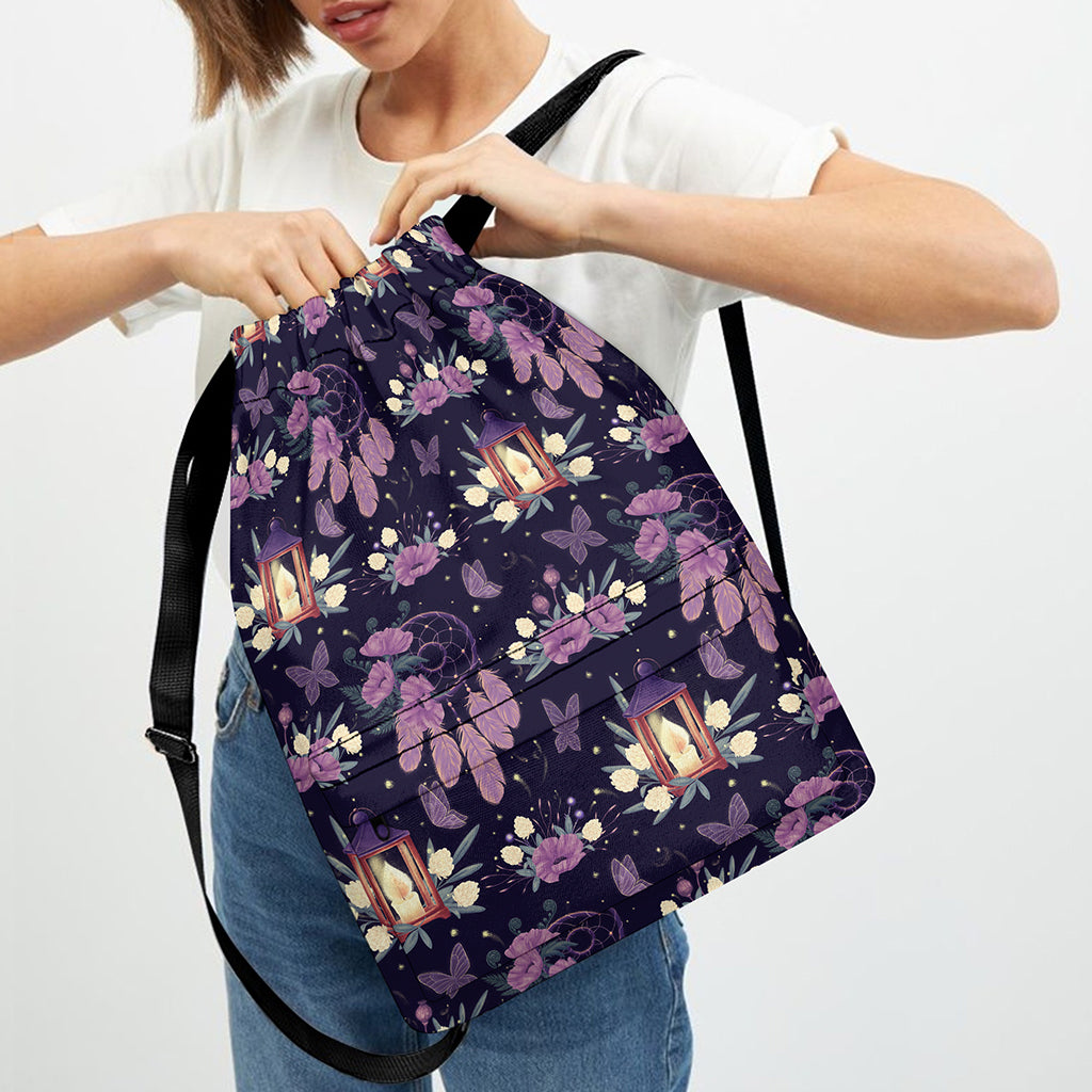 Purple Indian Dream Catcher Print Drawstring Backpack