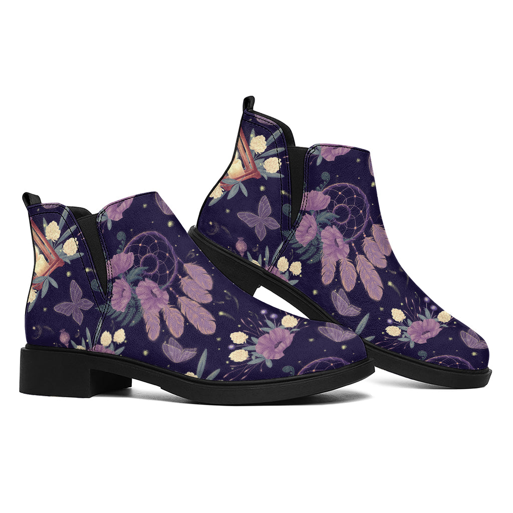 Purple Indian Dream Catcher Print Flat Ankle Boots