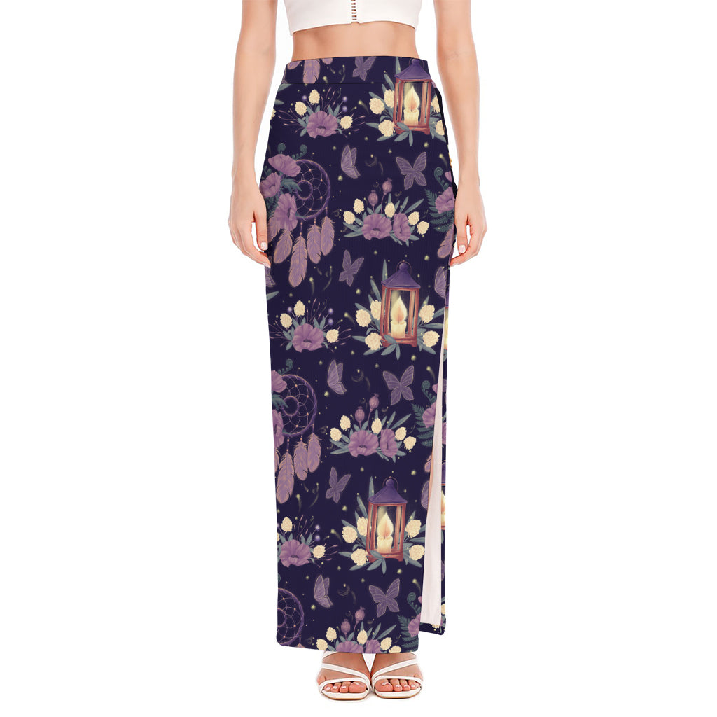 Purple Indian Dream Catcher Print High Slit Maxi Skirt