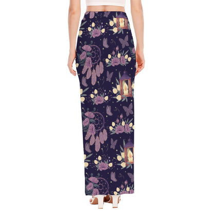 Purple Indian Dream Catcher Print High Slit Maxi Skirt