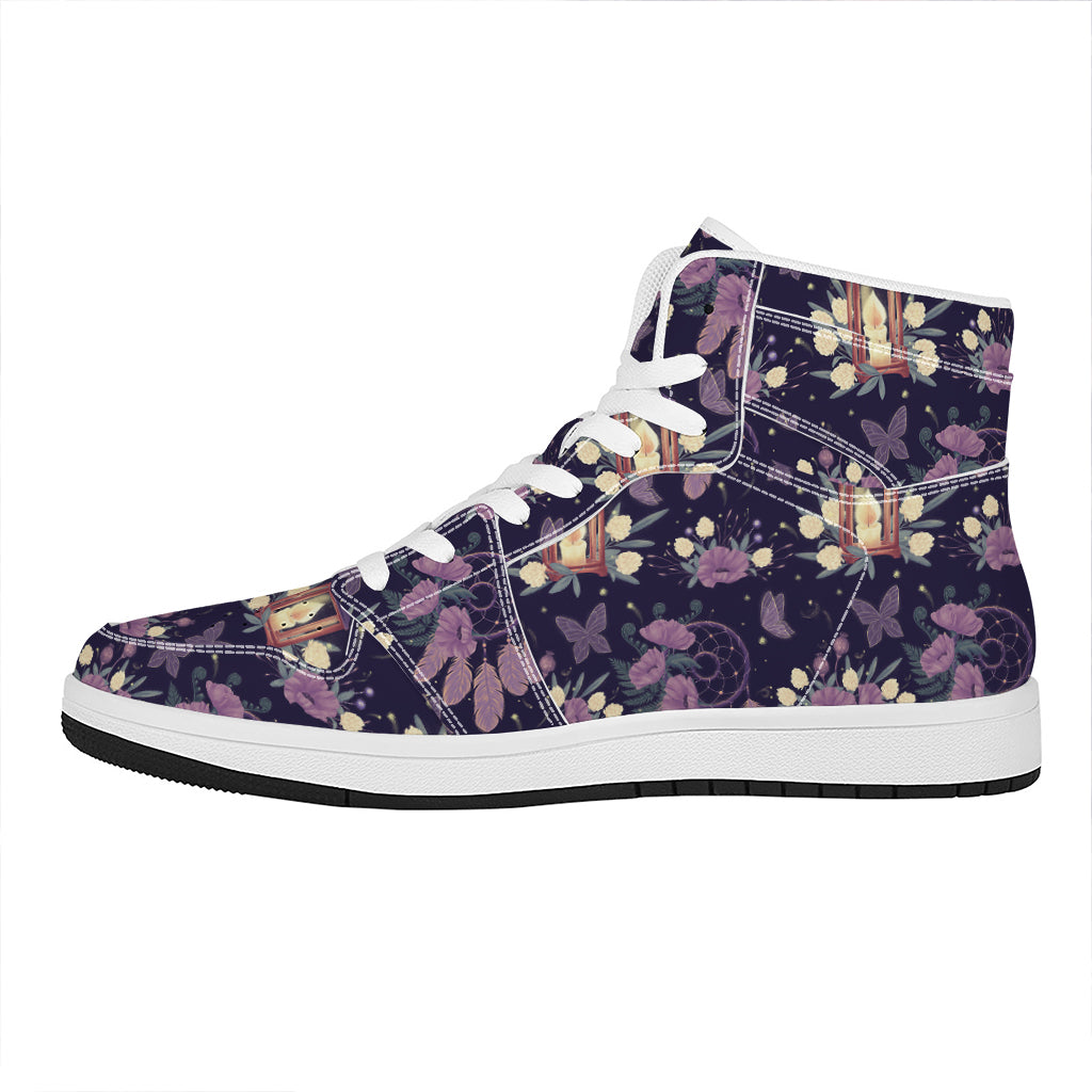 Purple Indian Dream Catcher Print High Top Leather Sneakers