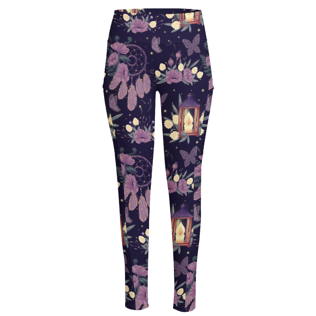 Purple Indian Dream Catcher Print High-Waisted Pocket Leggings