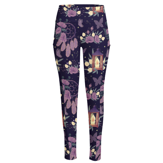 Purple Indian Dream Catcher Print High-Waisted Pocket Leggings