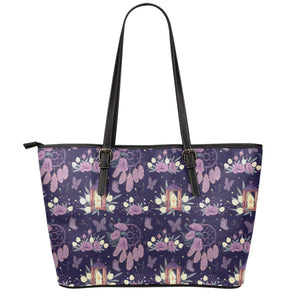 Purple Indian Dream Catcher Print Leather Tote Bag