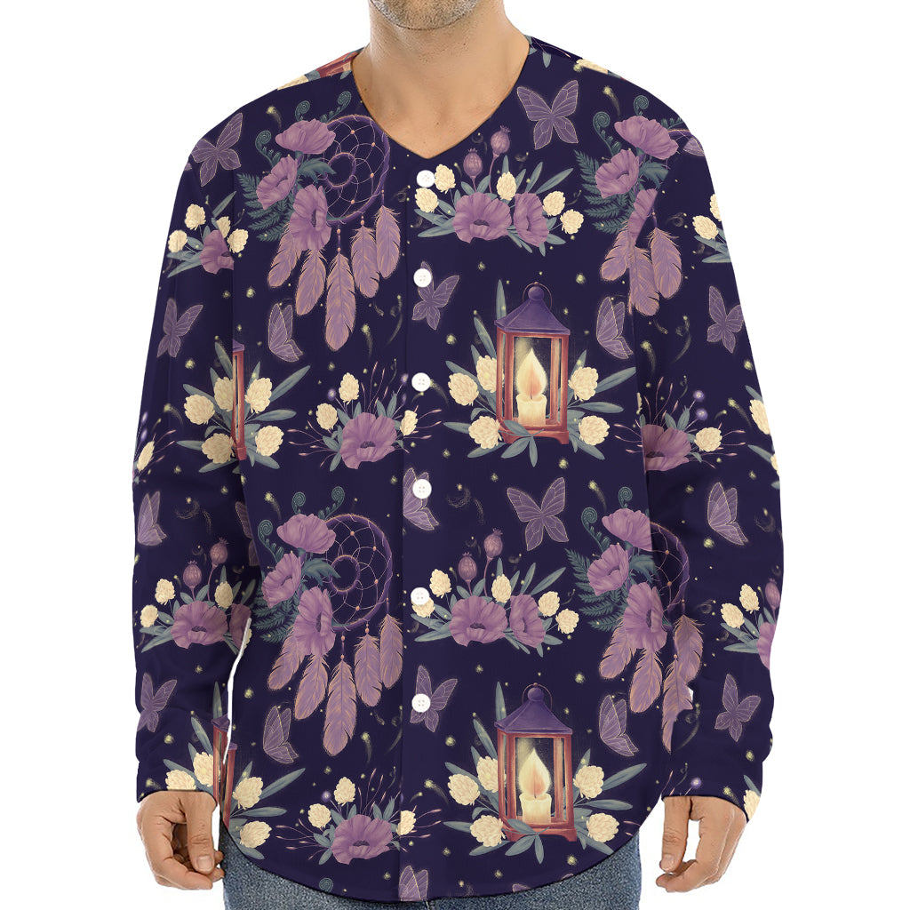 Purple Indian Dream Catcher Print Long Sleeve Baseball Jersey