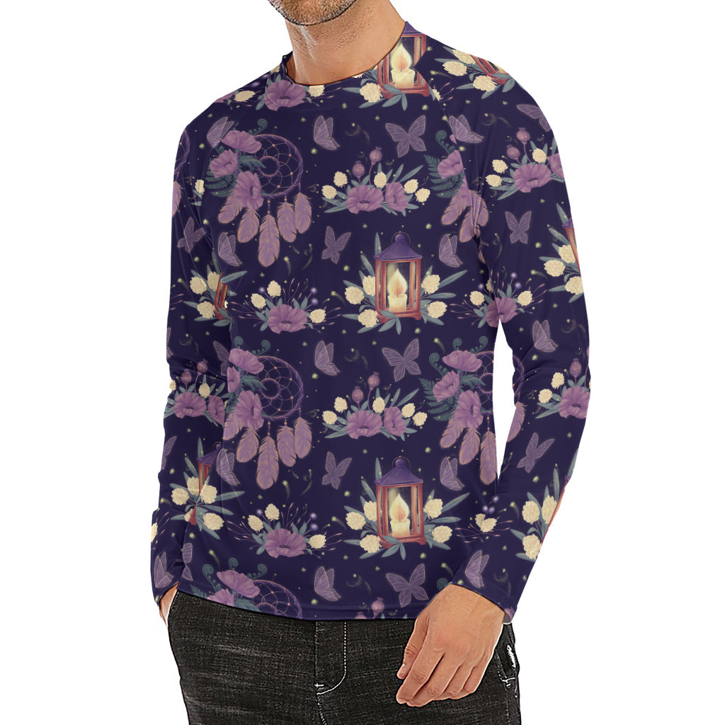 Purple Indian Dream Catcher Print Men's Long Sleeve Rash Guard