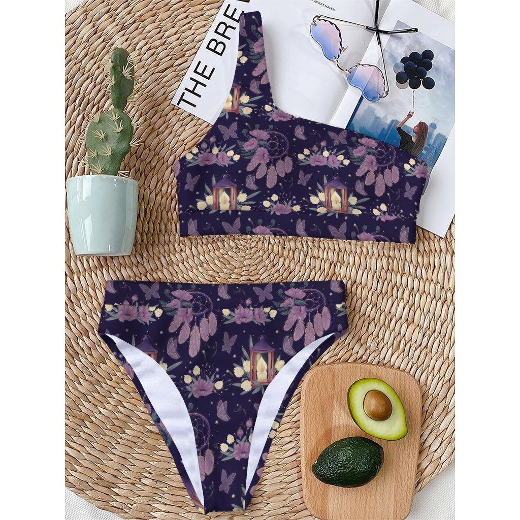 Purple Indian Dream Catcher Print One Shoulder Bikini Top