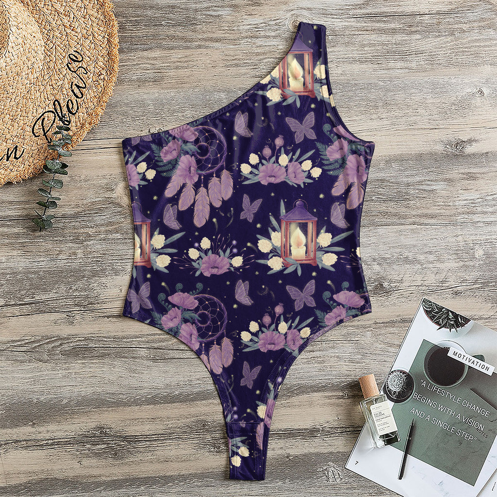 Purple Indian Dream Catcher Print One Shoulder Bodysuit
