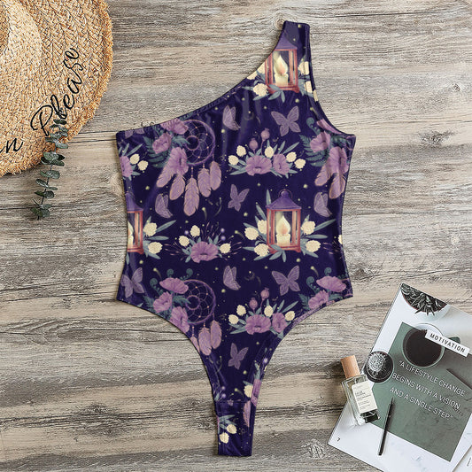 Purple Indian Dream Catcher Print One Shoulder Bodysuit