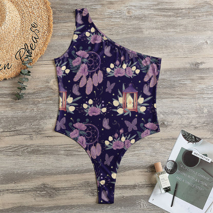 Purple Indian Dream Catcher Print One Shoulder Bodysuit