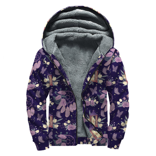 Purple Indian Dream Catcher Print Sherpa Lined Zip Up Hoodie