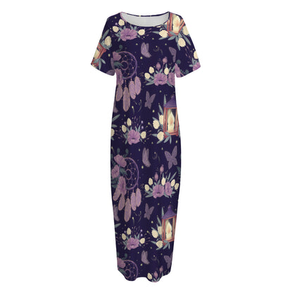 Purple Indian Dream Catcher Print Short Sleeve Long Nightdress