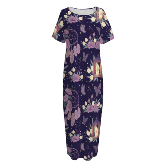 Purple Indian Dream Catcher Print Short Sleeve Long Nightdress