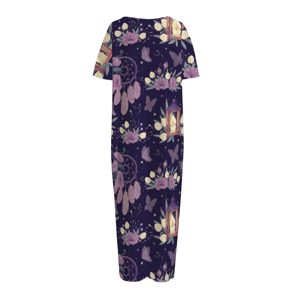 Purple Indian Dream Catcher Print Short Sleeve Long Nightdress