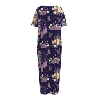 Purple Indian Dream Catcher Print Short Sleeve Long Nightdress