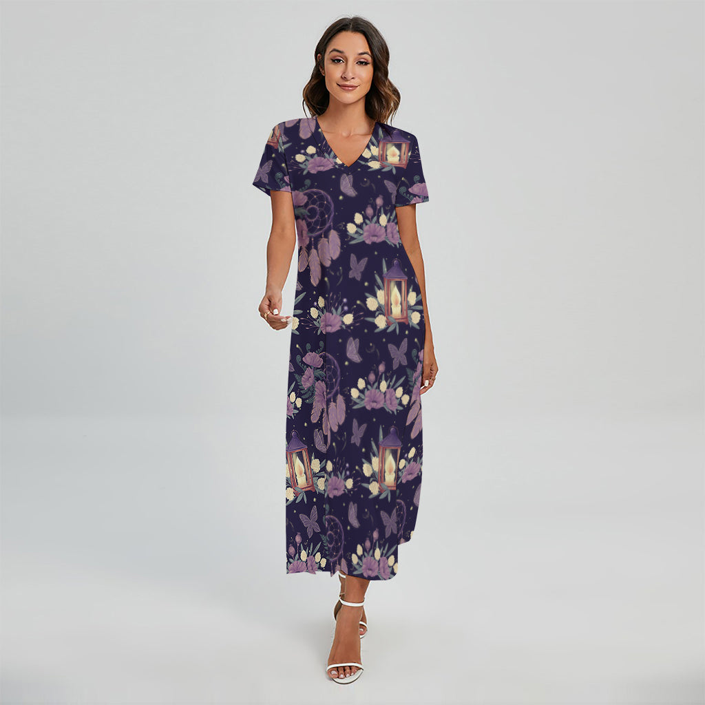 Purple Indian Dream Catcher Print Short Sleeve Maxi Dress