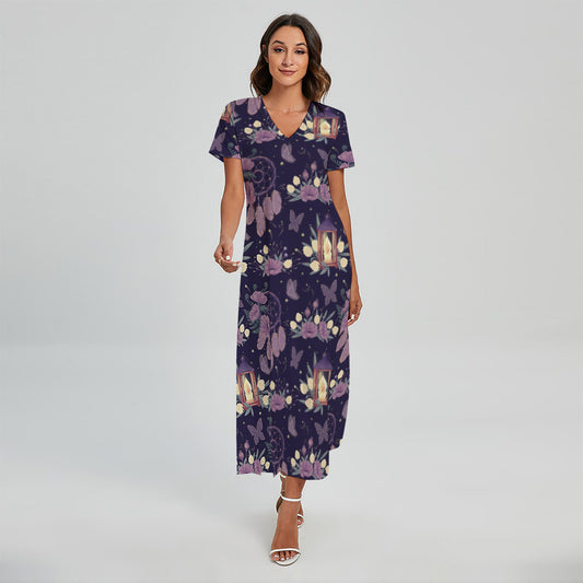 Purple Indian Dream Catcher Print Short Sleeve Maxi Dress