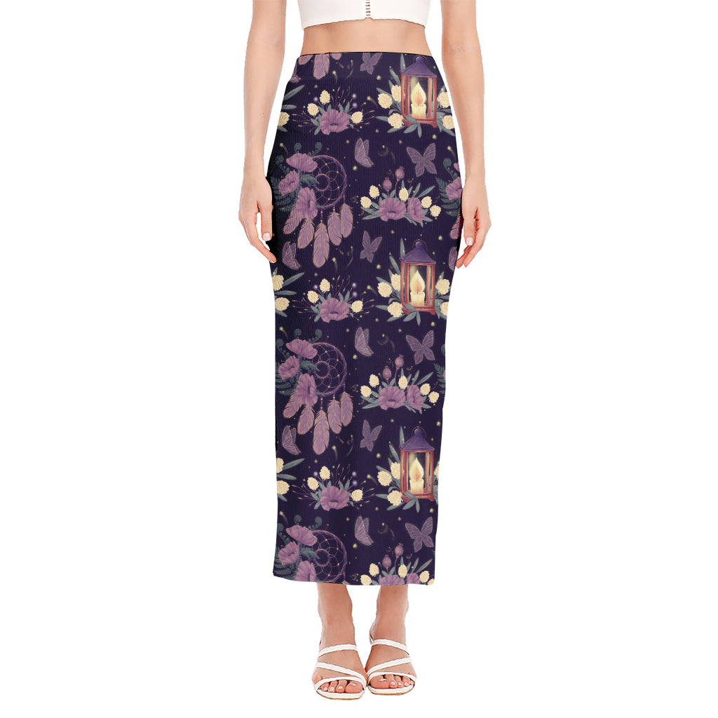 Purple Indian Dream Catcher Print Side Slit Maxi Skirt