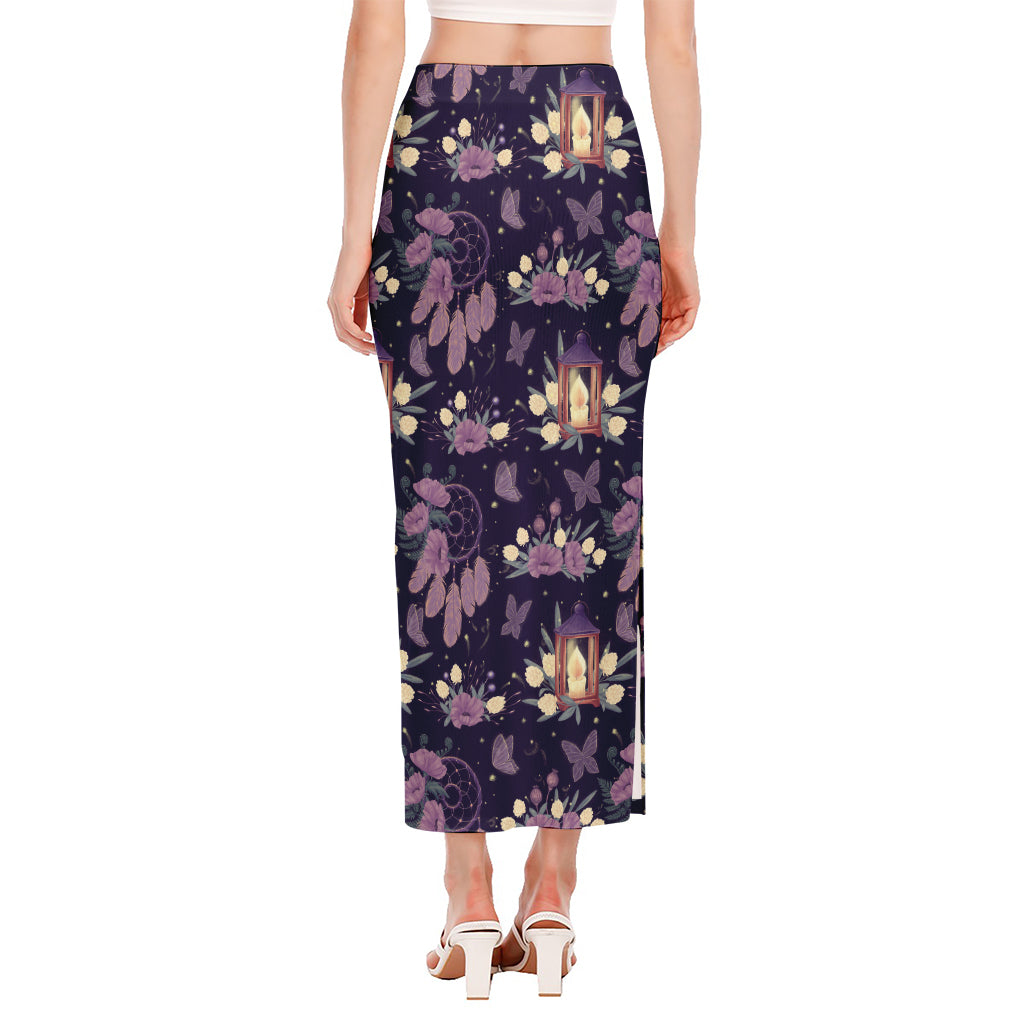 Purple Indian Dream Catcher Print Side Slit Maxi Skirt