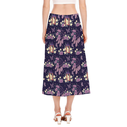 Purple Indian Dream Catcher Print Side Slit Midi Skirt