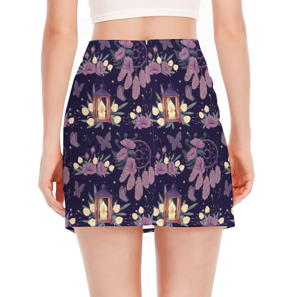 Purple Indian Dream Catcher Print Side Slit Mini Skirt