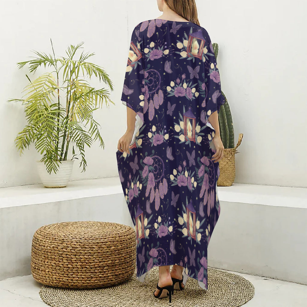 Purple Indian Dream Catcher Print Silk V-Neck Kaftan Dress