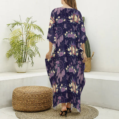 Purple Indian Dream Catcher Print Silk V-Neck Kaftan Dress
