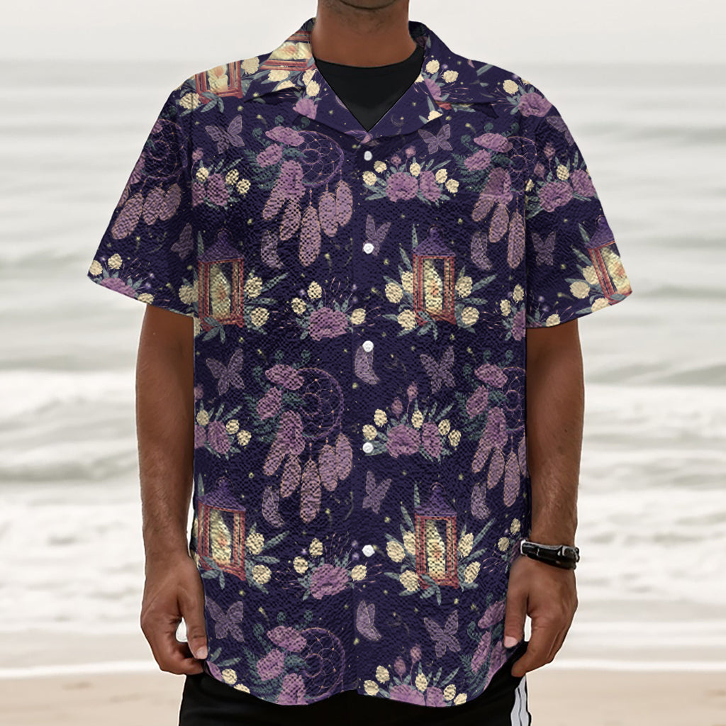 Purple Indian Dream Catcher Print Textured Short Sleeve Shirt