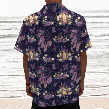 Purple Indian Dream Catcher Print Textured Short Sleeve Shirt
