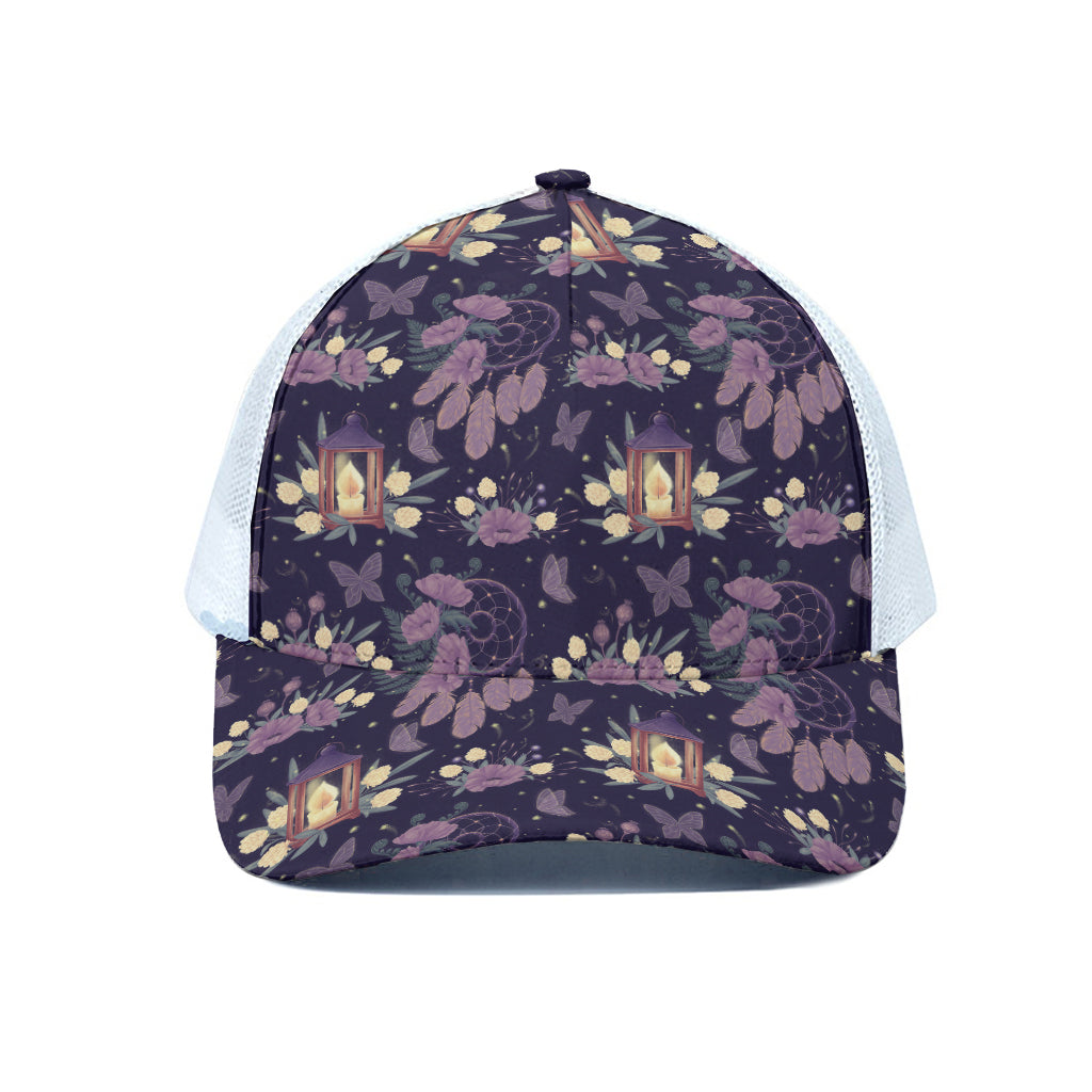 Purple Indian Dream Catcher Print White Mesh Trucker Cap