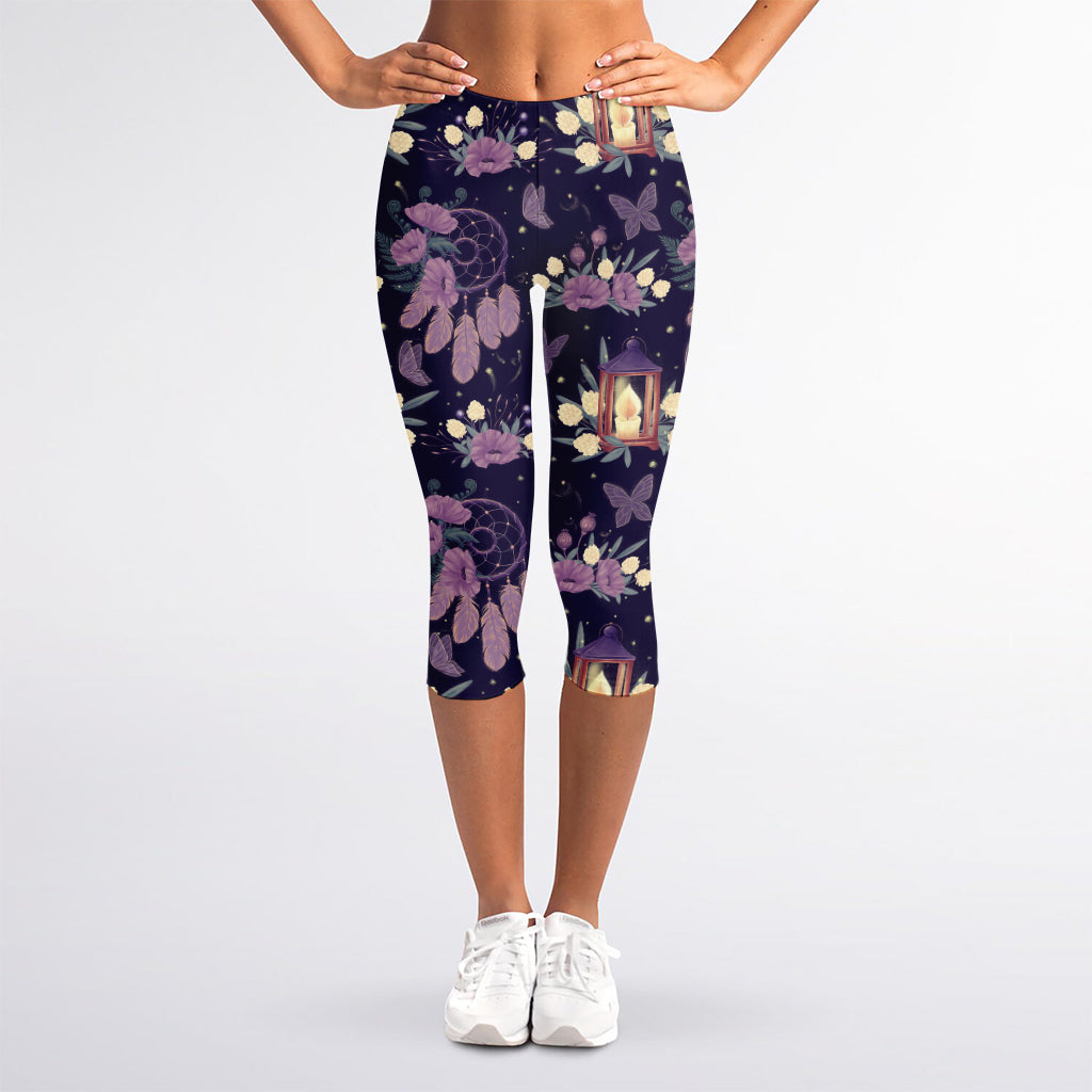 Purple Indian Dream Catcher Print Women's Capri Leggings