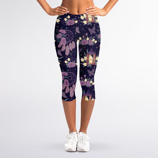 Purple Indian Dream Catcher Print Women's Capri Leggings