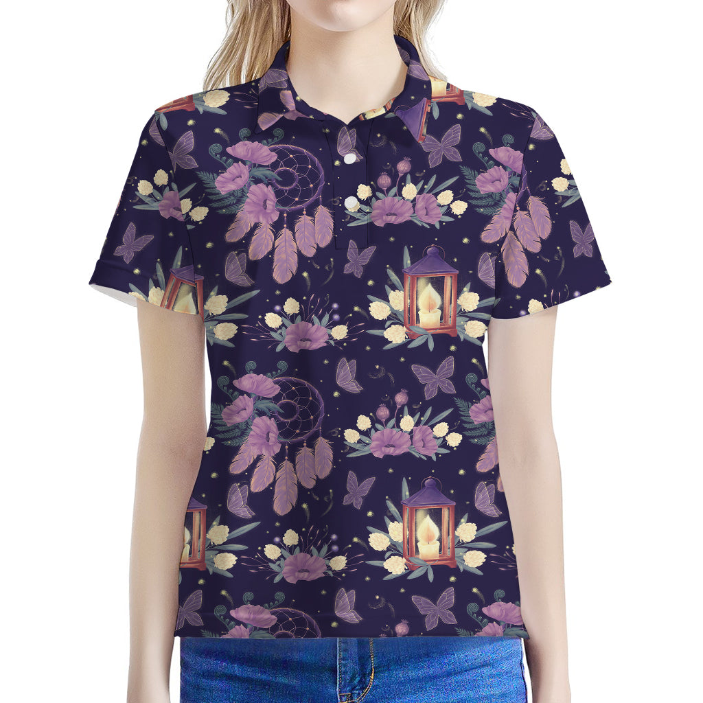 Purple Indian Dream Catcher Print Women's Polo Shirt