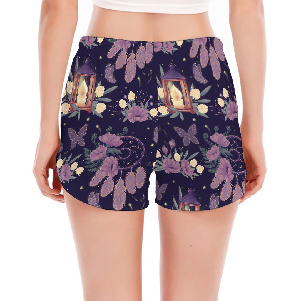 Purple Indian Dream Catcher Print Women's Split Running Shorts