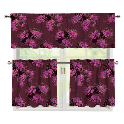 Purple Japanese Amaryllis Pattern Print 3 Piece Kitchen Curtains