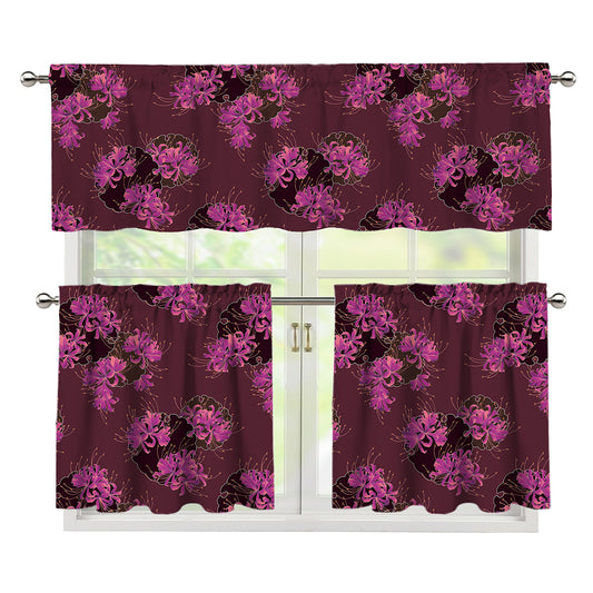Purple Japanese Amaryllis Pattern Print 3 Piece Kitchen Curtains