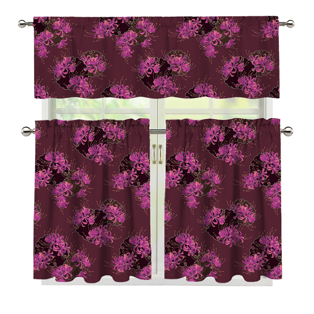 Purple Japanese Amaryllis Pattern Print 3 Piece Kitchen Curtains