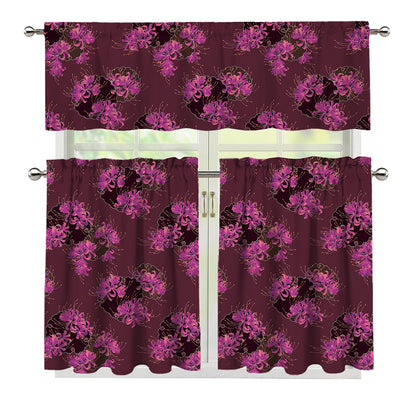 Purple Japanese Amaryllis Pattern Print 3 Piece Kitchen Curtains