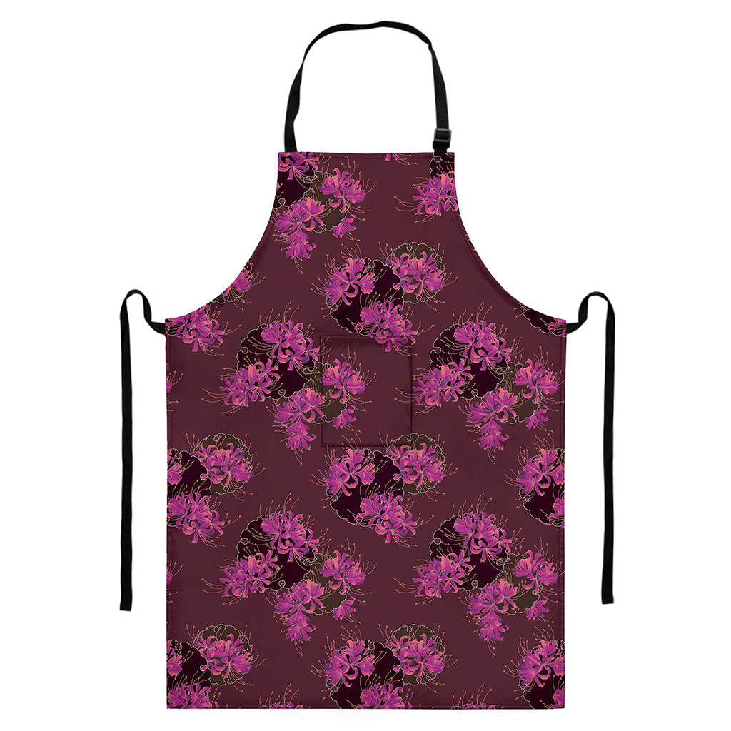 Purple Japanese Amaryllis Pattern Print Bib Apron With Pocket