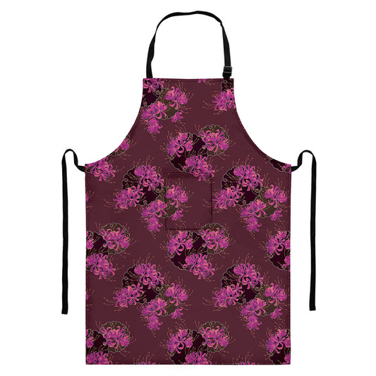 Purple Japanese Amaryllis Pattern Print Bib Apron With Pocket