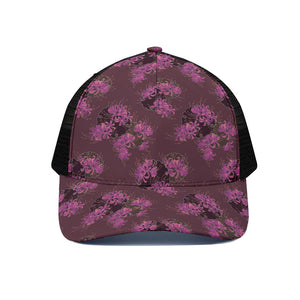 Purple Japanese Amaryllis Pattern Print Black Mesh Trucker Cap