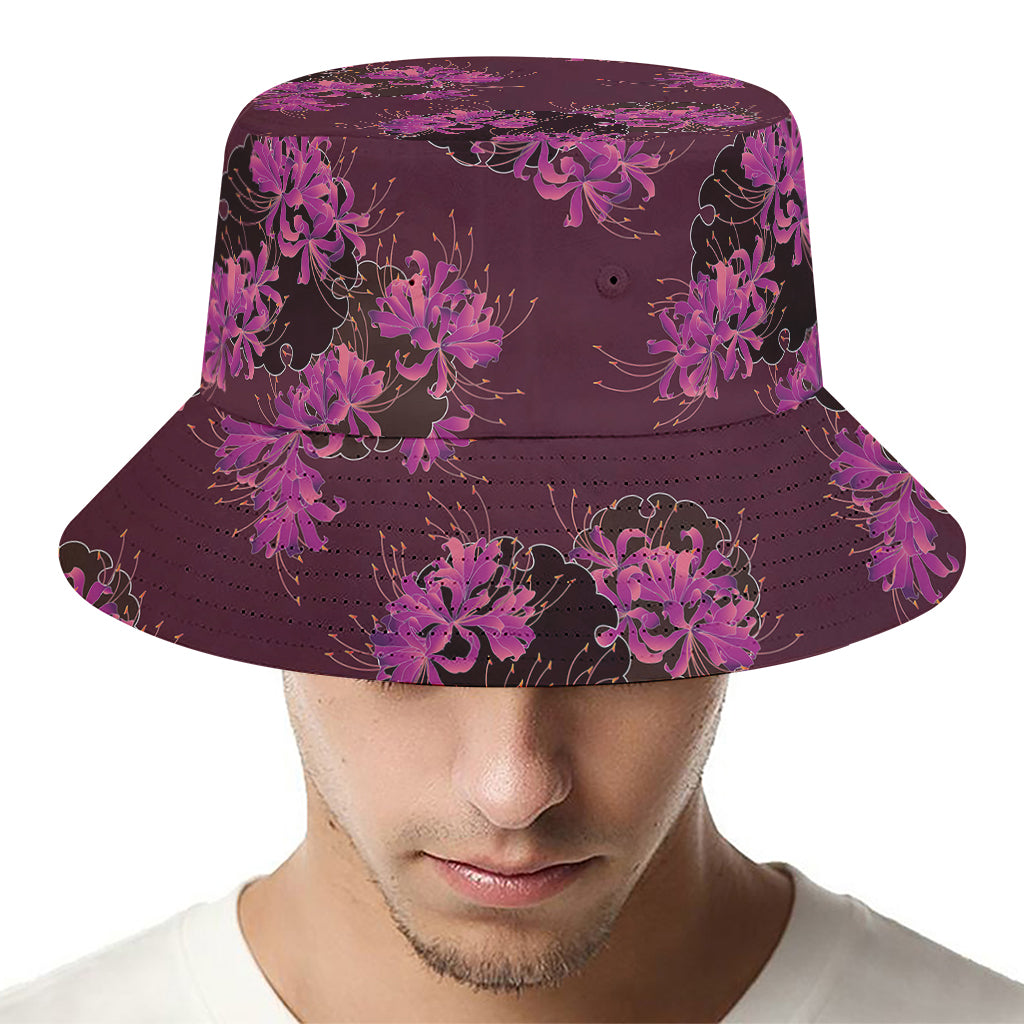 Purple Japanese Amaryllis Pattern Print Bucket Hat