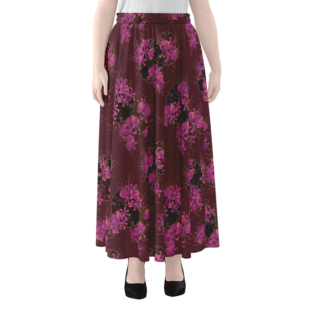 Purple Japanese Amaryllis Pattern Print Chiffon Maxi Skirt