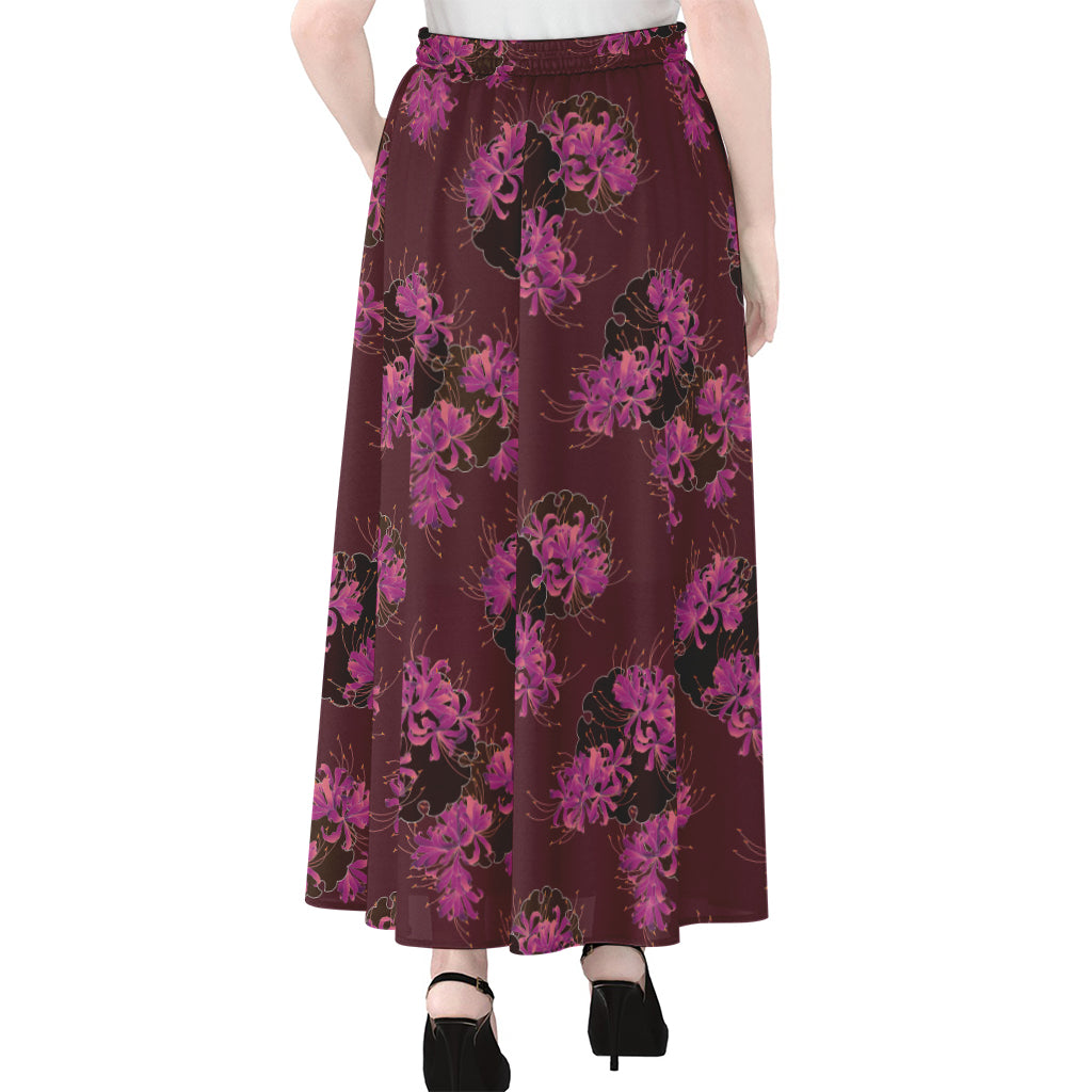 Purple Japanese Amaryllis Pattern Print Chiffon Maxi Skirt