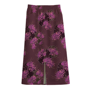 Purple Japanese Amaryllis Pattern Print Cotton Front Slit Maxi Skirt