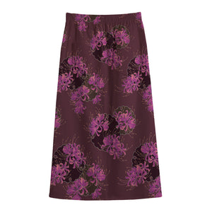 Purple Japanese Amaryllis Pattern Print Cotton Front Slit Maxi Skirt