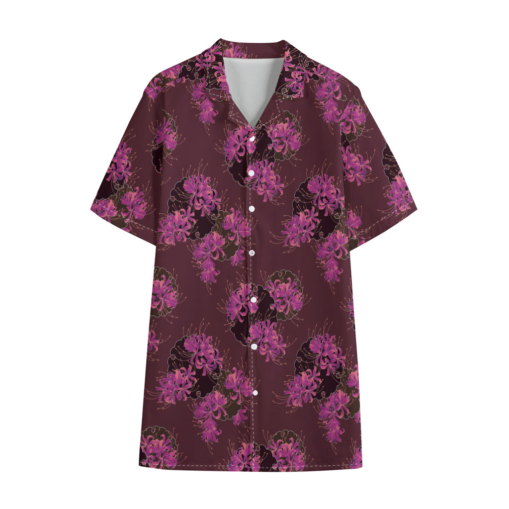 Purple Japanese Amaryllis Pattern Print Cotton Hawaiian Shirt